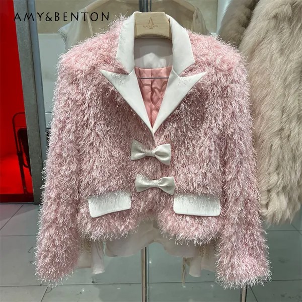 Зимняя новая британская Модная молодежная мягкая стеганая пушистая куртка с розовым бантом для женщин Элегантный костюм с воротником