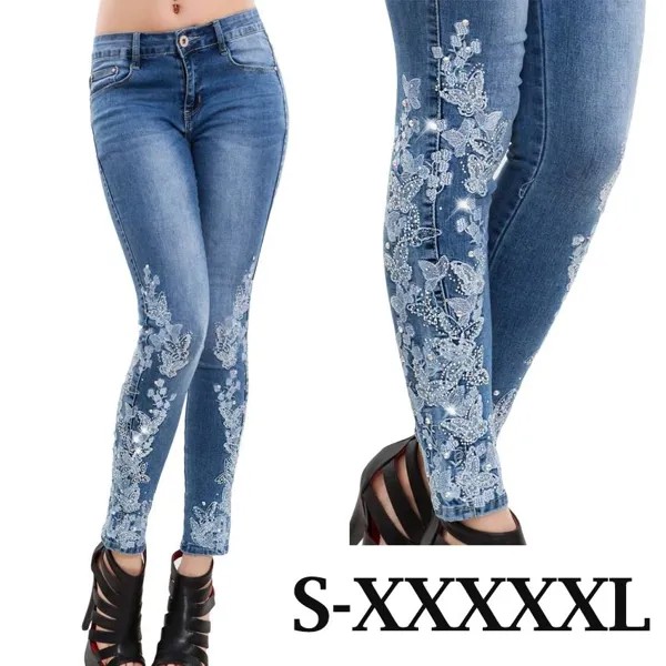 Высокая талия Роскошные вышивки бисером джинсы стразами тощие брюки эластичная