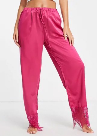 Атласные пижамные брюки малинового цвета с кружевной отделкой от комплекта Loungeable-Красный