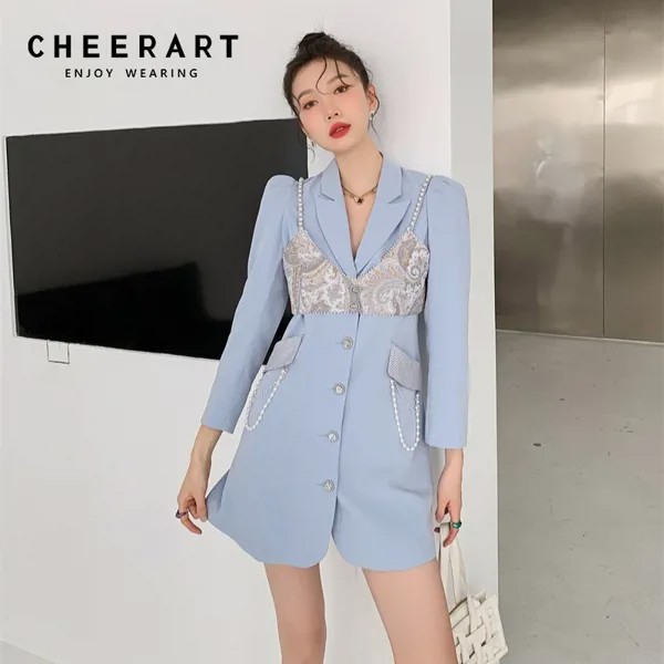 Женское платье-блейзер CHEERART, синее мини-платье с пуговицами и буффами на рукавах, осень, корейская мода, 2 предмета
