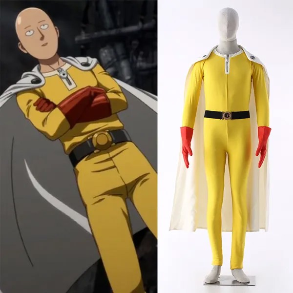 Костюм для косплея Сайтама из аниме ONE PUNCH MAN, Индивидуальный размер плащ-комбинезон, пояс, перчатки, набор для мужчин на Хэллоуин